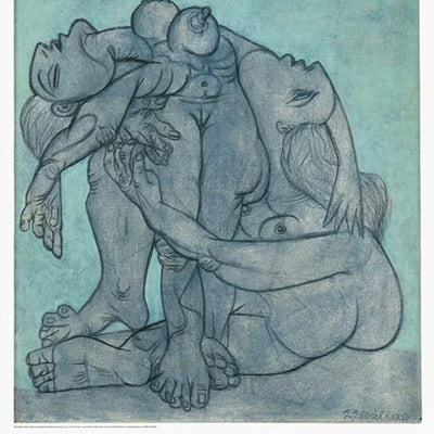 Artistic depiction of three nude figures on a textured blue background, with text at the bottom.