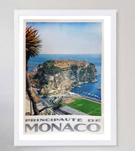 Load image into Gallery viewer, Framed artwork of Monaco with a castle and sea view on a light gray background