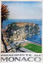 Load image into Gallery viewer, Framed poster of Monaco with a scenic view of the coast and text 'Principauté de Monaco'.