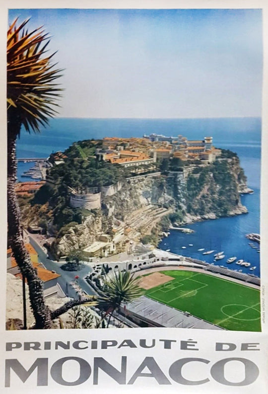 Framed poster of Monaco with a scenic view of the coast and text 'Principauté de Monaco'.