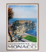 Load image into Gallery viewer, Framed poster of Monaco with a scenic view of the coast and text 'Principauté de Monaco'.