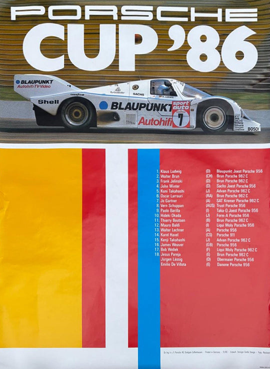 Promotional poster for Porsche Cup '86 featuring a race car and event details.