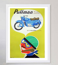 Load image into Gallery viewer, Framed poster of a blue motorcycle with a helmet on a yellow background