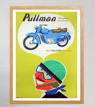 Load image into Gallery viewer, Framed poster with a blue motorcycle and helmet on a green background