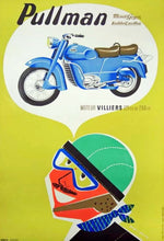 Load image into Gallery viewer, Poster of a blue motorcycle with a helmet on a yellow background, featuring the brand 'Pullman'.