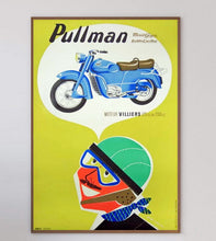 Load image into Gallery viewer, Poster of a blue motorcycle with a helmet on a yellow background, featuring the brand 'Pullman'.