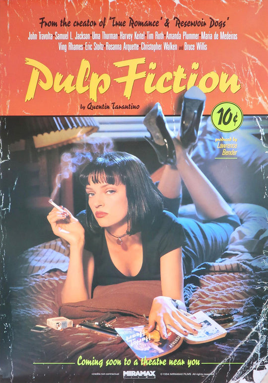 Promotional poster for 'Pulp Fiction' with a stylized design and text.