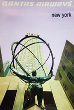 Load image into Gallery viewer, Poster of Qantas Airways New York with a statue and building in the background