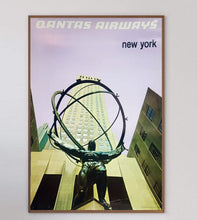 Load image into Gallery viewer, Poster of Qantas Airways New York with a statue and building in the background