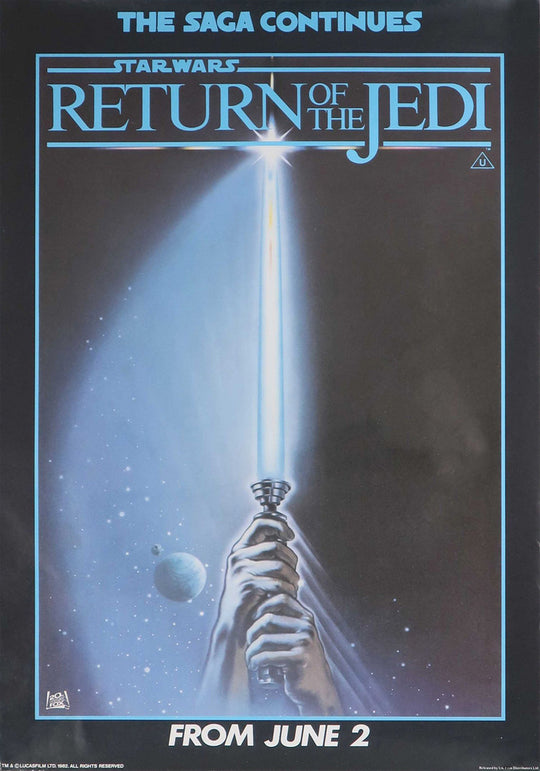 Promotional poster for 'Star Wars: Return of the Jedi' featuring a lightsaber and hand holding it.