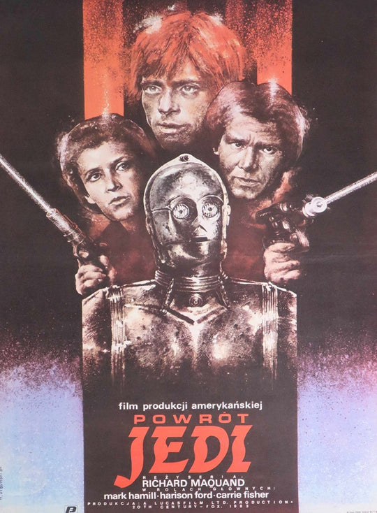 Vintage movie poster for 'Return of the Jedi' featuring characters and C-3PO.
