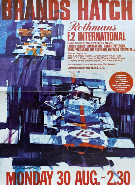 Vintage poster for Brands Hatch Rothmans E2 International race event with racing cars and text.