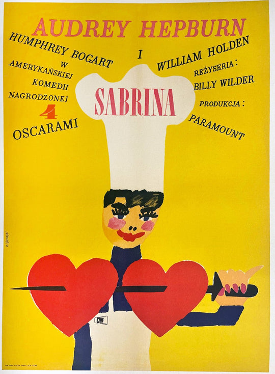 Vintage movie poster for 'Sabrina' featuring Audrey Hepburn with a yellow background
