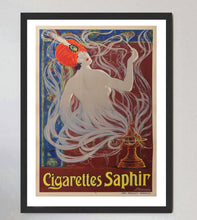 Load image into Gallery viewer, Vintage advertisement poster for Cigarettes Saphir with a woman smoking a cigarette.