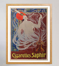 Load image into Gallery viewer, Vintage advertisement poster for Cigarettes Saphir with a stylized woman and smoking device.