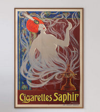 Load image into Gallery viewer, Vintage poster for Cigarettes Saphir featuring a woman with red hair and smoke.