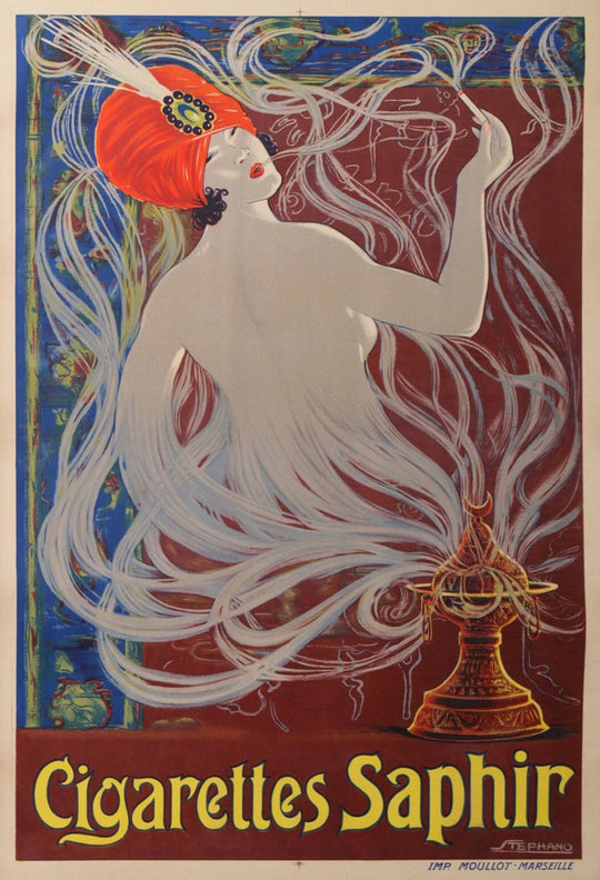 Vintage poster for Cigarettes Saphir featuring a woman with red hair and smoke.