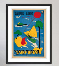 Load image into Gallery viewer, Framed poster of Saint-Brevin with colorful illustration of beach scene.