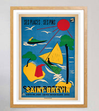 Load image into Gallery viewer, Framed poster of Saint-Brevin with colorful illustration of a sailboat and beach scene.