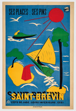Load image into Gallery viewer, Colorful vintage-style poster of a sailboat scene with text and branding on a blue background.