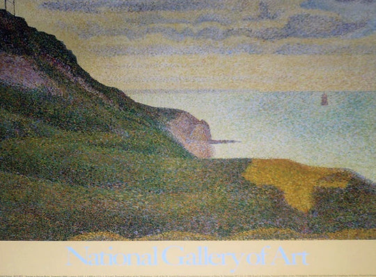 Pointillist coastal cliff landscape with sailboat art print