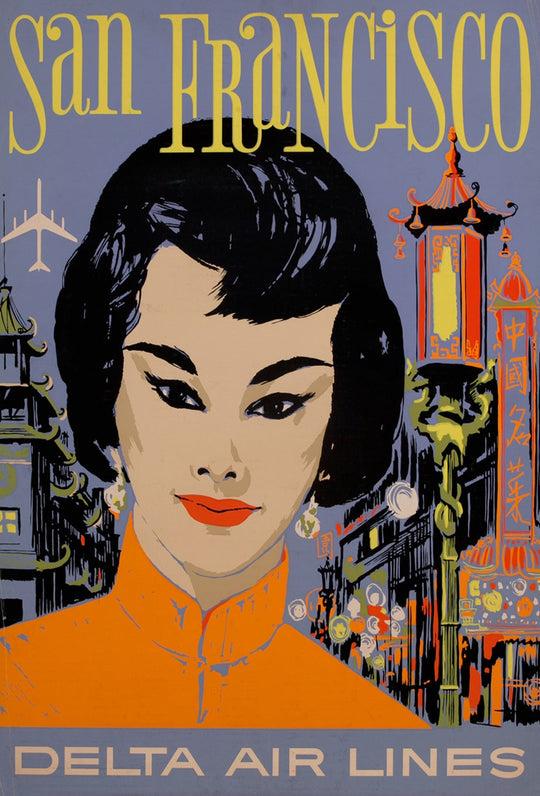 Vintage-style poster of a woman with San Francisco and Delta Air Lines text on a gray background