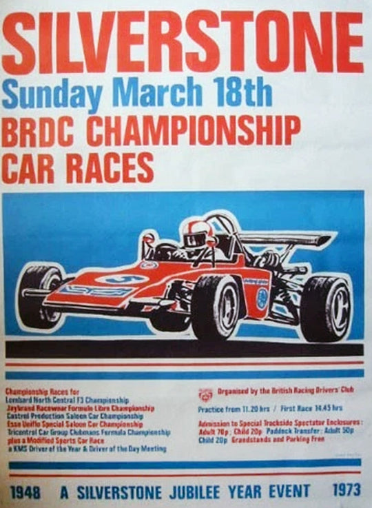 Promotional poster for Silverstone BRDC Championship Car Races event in 1973