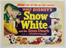 Load image into Gallery viewer, Vintage poster for Walt Disney's 'Snow White and the Seven Dwarfs' with colorful characters and text.