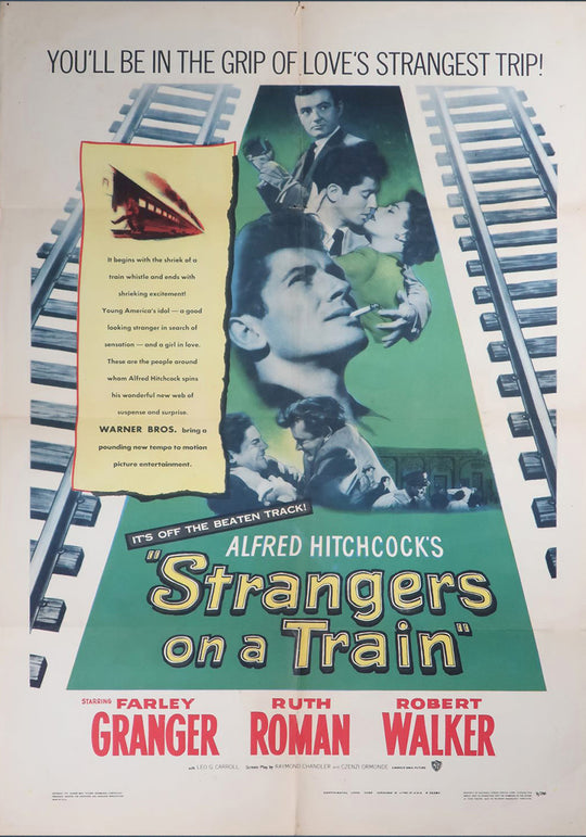 Vintage movie poster for 'Strangers on a Train' with text and character images.
