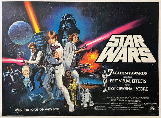 Vintage 'Star Wars' movie poster with characters and space scene