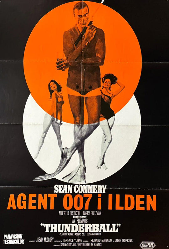 Movie poster for 'Thunderball' featuring Sean Connery with an orange circle background.