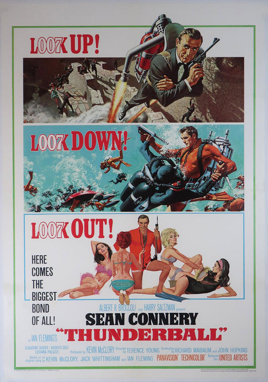 Vintage movie poster for 'Thunderball' featuring Sean Connery with action scenes and text.