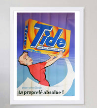 Load image into Gallery viewer, Vintage-style Tide laundry detergent advertisement with a woman holding a box against a purple curtain.