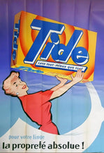 Load image into Gallery viewer, Vintage Tide laundry detergent advertisement with a woman holding a box on a white background