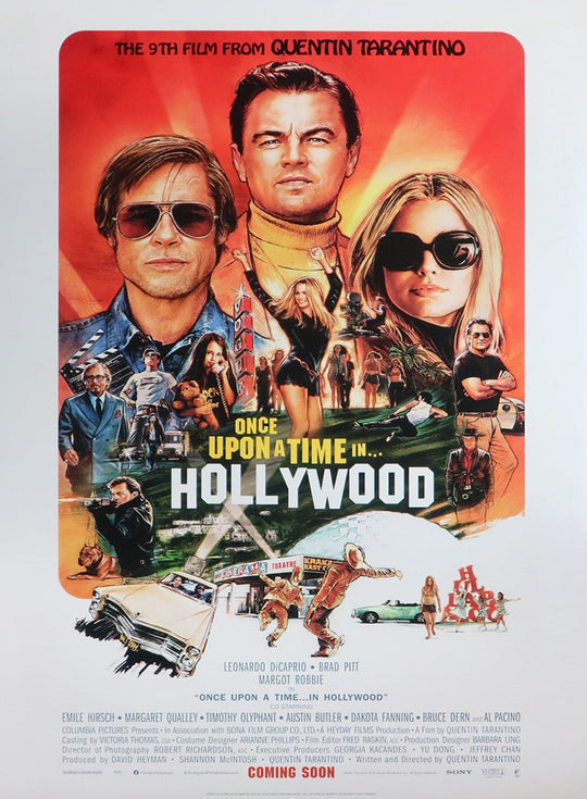 Movie poster for 'Once Upon a Time in Hollywood' with three main characters on a red background.