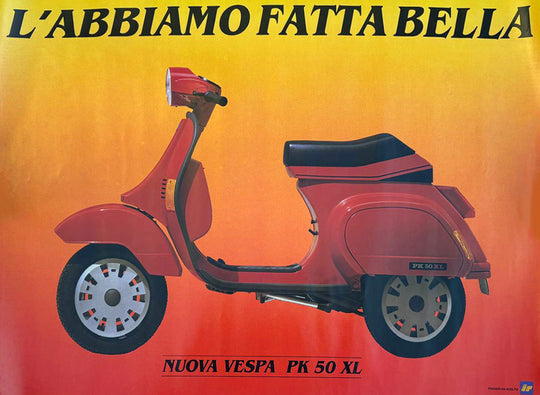 Red Vespa PK 50 XL scooter on a gradient background with Italian text
