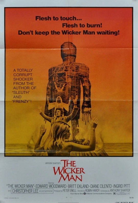 Vintage movie poster for 'The Wicker Man' with a stylized illustration of a figure and text.