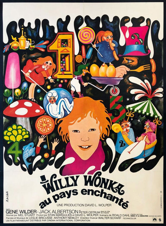 Colorful poster for 'Willy Wonka et le Pays des Merveilles' with various characters and elements.