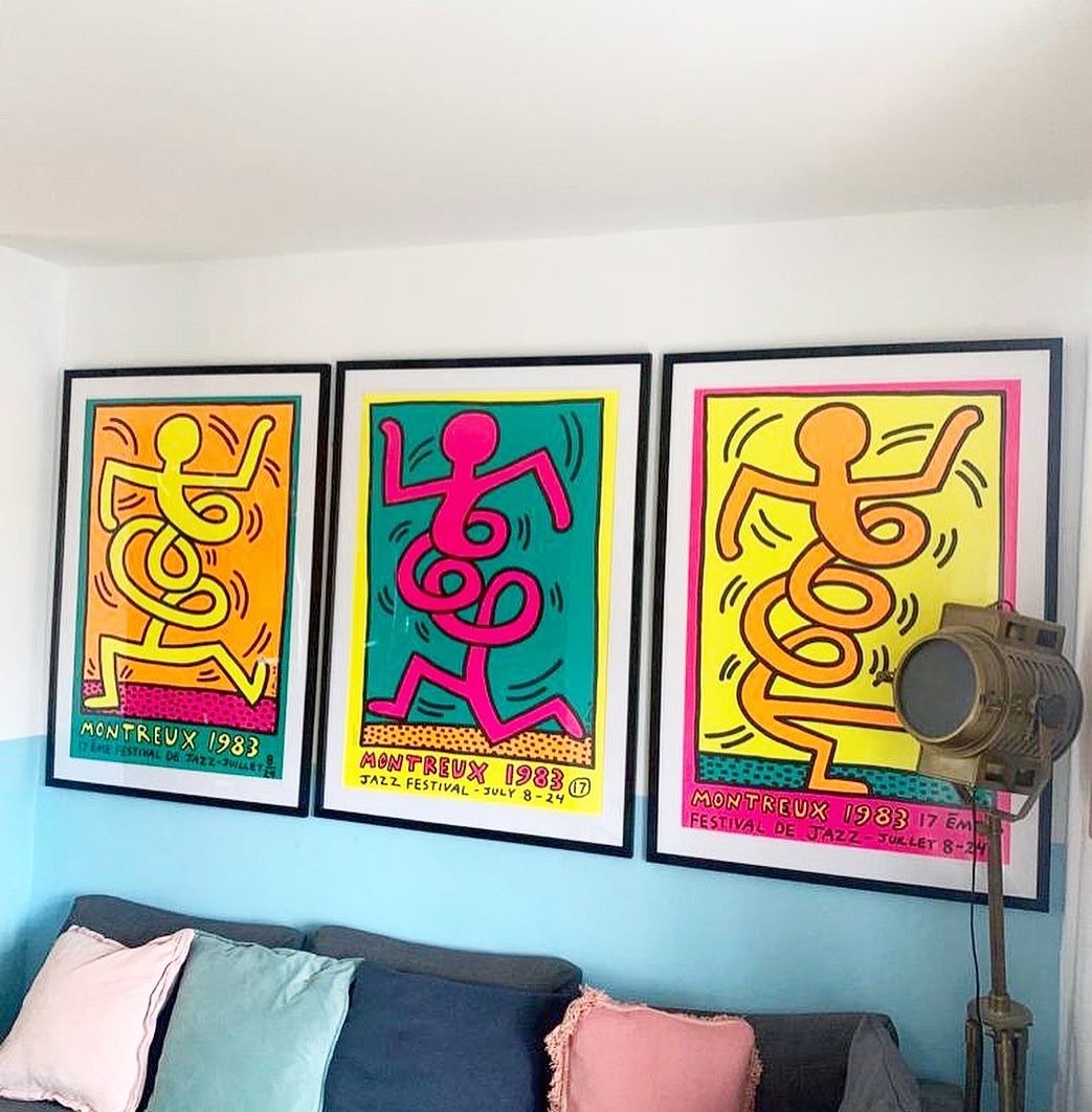 Keith Haring Montreux 1983 triptych above a sofa in a customer's home