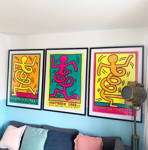 Keith Haring “Montreux 1983” triptych above the sofa