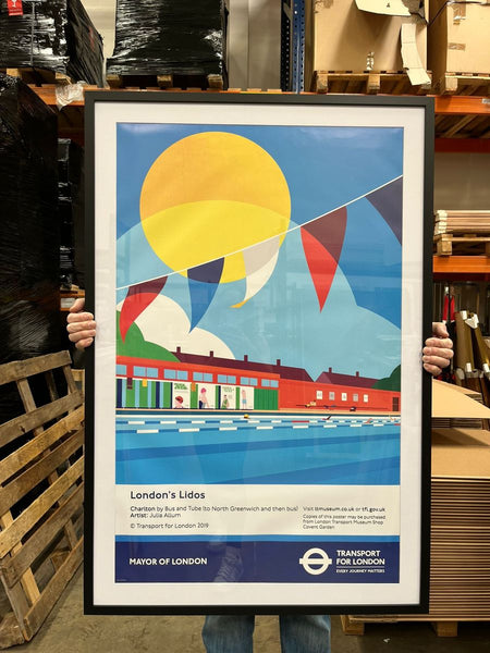 “London’s Lidos” poster, fresh out of the frame shop