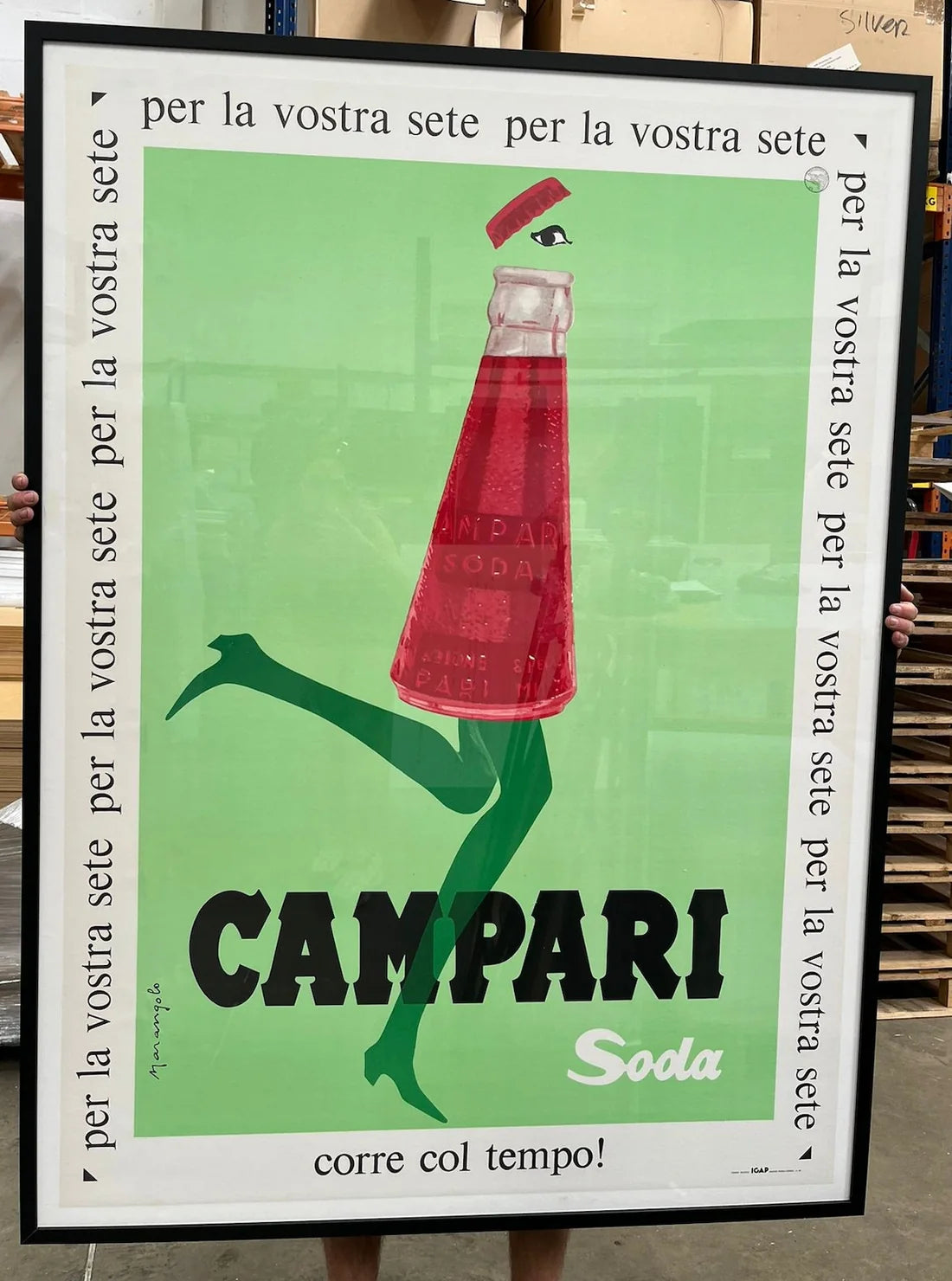 An original 1968 Campari Soda poster by Marangolo, 55 by 79 inches, conservation framed in a black moulding