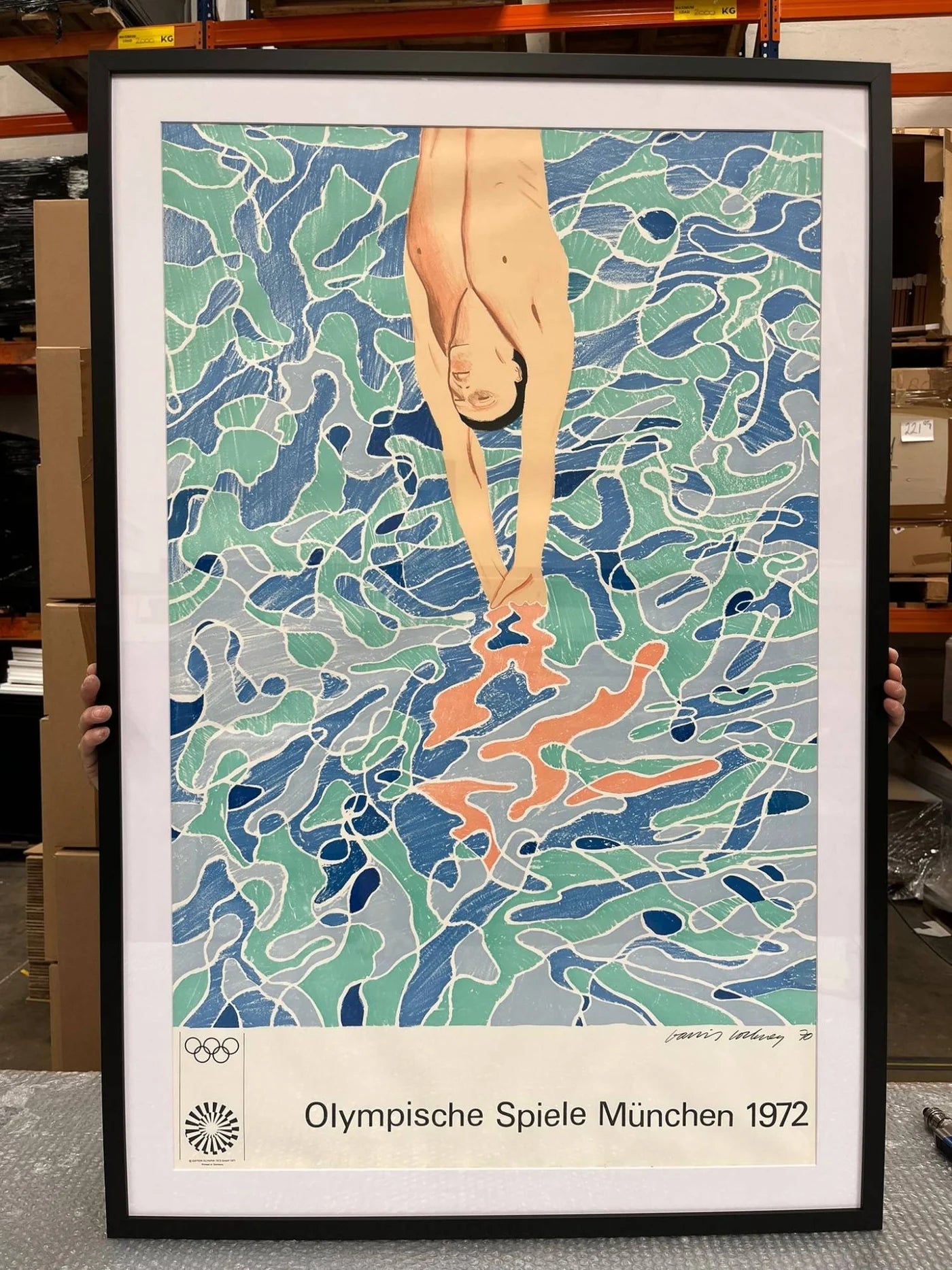 An original David Hockney poster for the 1972 Munich Olympics, framed