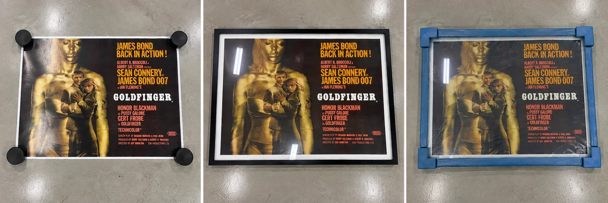 An original Goldfinger quad shown flat, then framed, then wrapped and padded for shipping