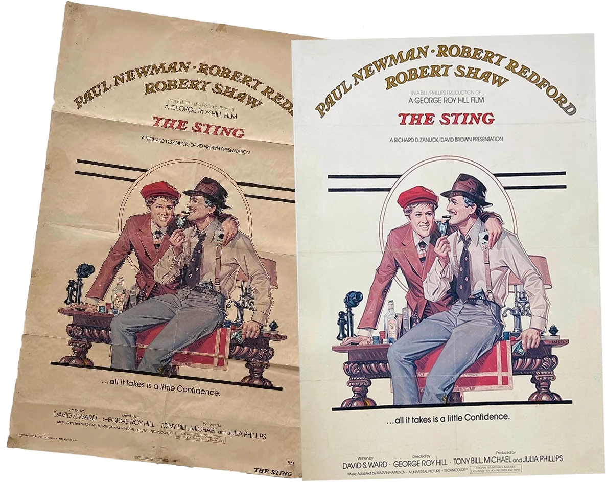 Two original posters for The Sting side by side, one still showing the fold lines it was distributed with
